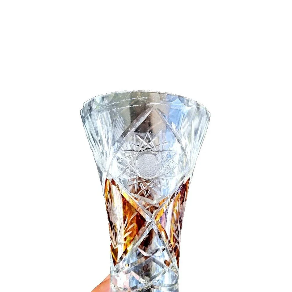 Vintage Amber Cut to Clear Crystal Footed Vase Engraved Floral Bohemian 6.5
